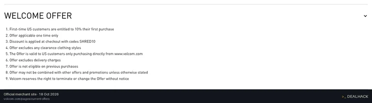 Screenshot of Volcom's website on Oct 18, 2026 showing the "Get 10% Off Your First Order at Volcom" offer