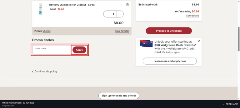 Walgreens checkout page showing the Enter code field and Apply button