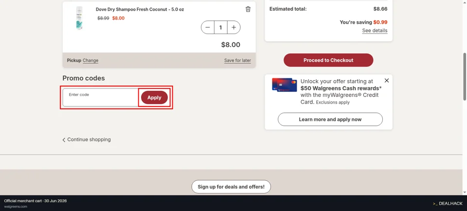 Walgreens checkout page showing the Enter code field and Apply button