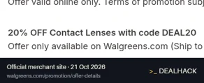 Screenshot of Walgreens's website on Oct 21, 2026 showing the "Save 20% on Contact Lenses" offer