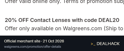 Screenshot of Walgreens's website on Oct 21, 2026 showing the "Save 20% on Contact Lenses" offer