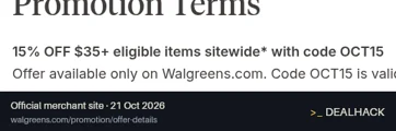 Screenshot of Walgreens's website on Oct 21, 2026 showing the "Save 15% on Eligible Orders of $35+" offer