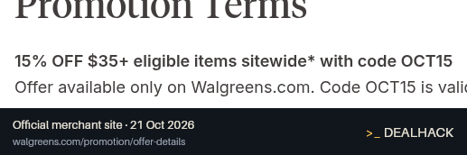 Screenshot of Walgreens's website on Oct 21, 2026 showing the "Save 15% on Eligible Orders of $35+" offer