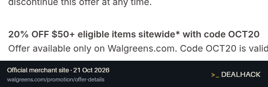 Screenshot of Walgreens's website on Oct 21, 2026 showing the "Save 20% on Eligible Orders of $50+" offer