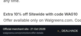 Screenshot of Walgreens's website on Oct 21, 2026 showing the "Save 10% on Eligible Walgreens.com Items" offer
