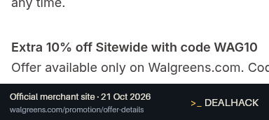 Screenshot of Walgreens's website on Oct 21, 2026 showing the "Save 10% on Eligible Walgreens.com Items" offer