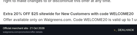 Screenshot of Walgreens's website on Oct 21, 2026 showing the "Save 20% on New-Customer Orders of $25+" offer