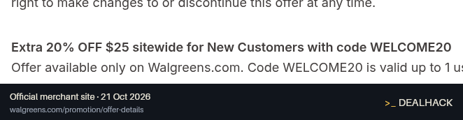 Screenshot of Walgreens's website on Oct 21, 2026 showing the "Save 20% on New-Customer Orders of $25+" offer