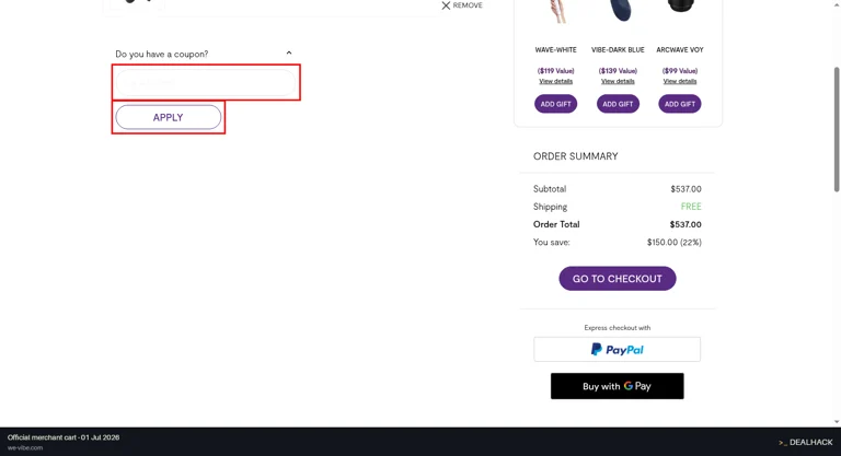We-Vibe checkout page showing the Do you have a coupon? field and Apply button