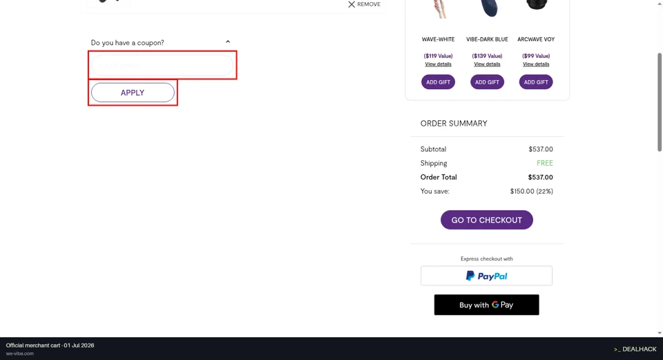 We-Vibe checkout page showing the Do you have a coupon? field and Apply button