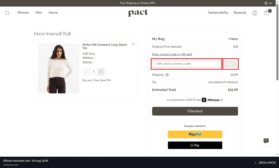Pact checkout page showing the Gift card or promo code field and Apply button