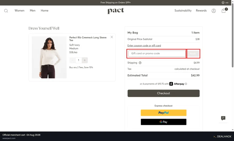 Pact checkout page showing the Gift card or promo code field and Apply button