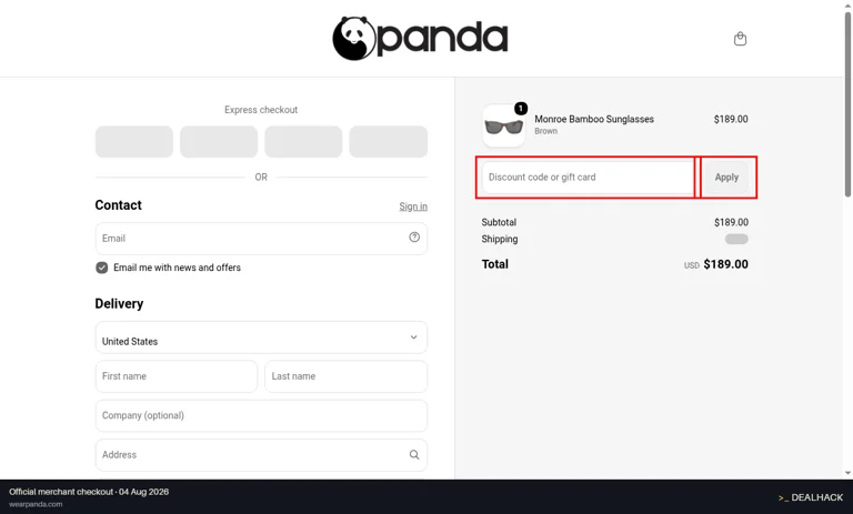 Panda Sunglasses checkout page showing the Discount code or gift card field and Apply button