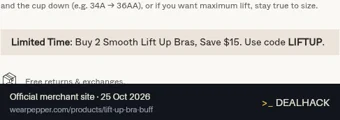 Screenshot of Pepper's website on Oct 25, 2026 showing the "Save $15 on Two Qualifying Smooth Lift Up Bras" offer