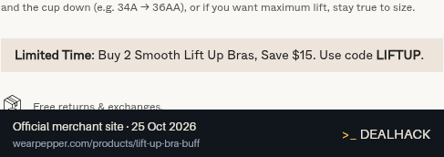 Screenshot of Pepper's website on Oct 25, 2026 showing the "Save $15 on Two Qualifying Smooth Lift Up Bras" offer