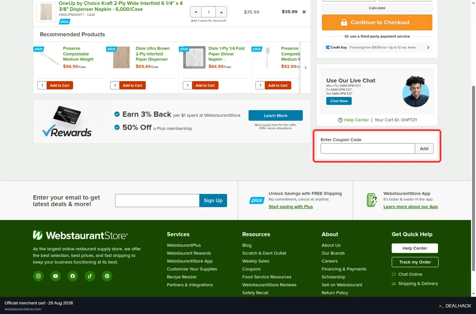 WebstaurantStore checkout page showing the Enter Coupon Code field and Add button