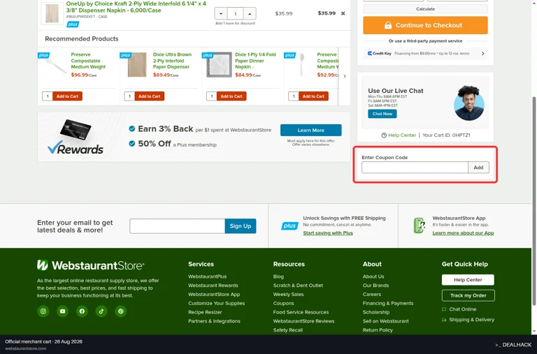 WebstaurantStore checkout page showing the Enter Coupon Code field and Add button