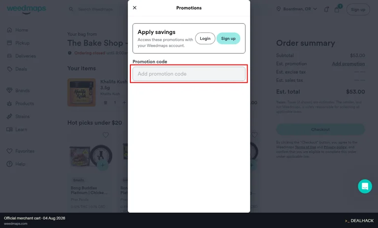 Weedmaps checkout page showing the Add promotion code field and Apply button