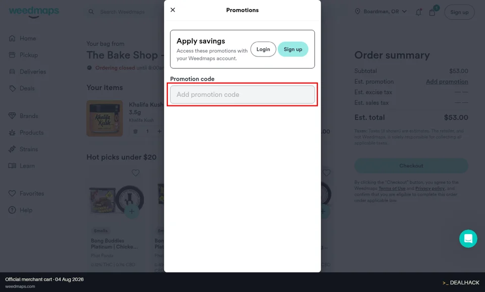Weedmaps checkout page showing the Add promotion code field and Apply button