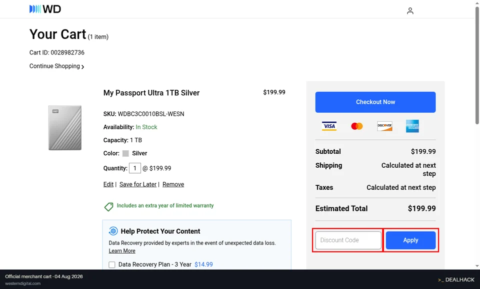 Western Digital checkout page showing the Discount Code field and Apply button