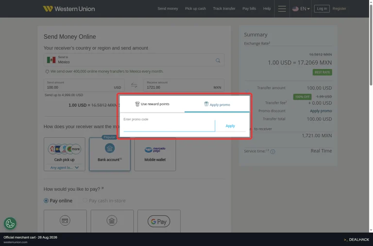 Western Union checkout page showing the Enter promo code field and Apply button