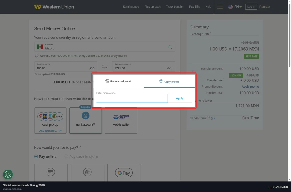 Western Union checkout page showing the Enter promo code field and Apply button