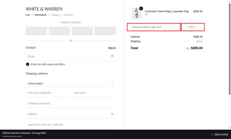 White + Warren checkout page showing the Discount code or gift card field and Apply button