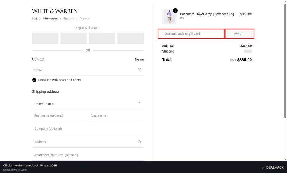 White + Warren checkout page showing the Discount code or gift card field and Apply button