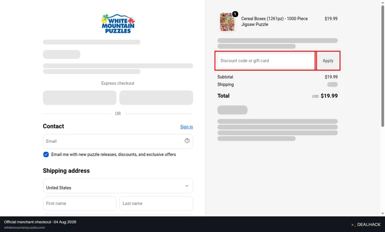 White Mountain Puzzles checkout page showing the Discount code or gift card field and Apply button