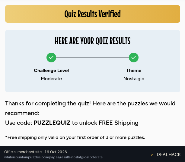 Screenshot of White Mountain Puzzles's website on Oct 16, 2026 showing the "Free Shipping on Your First Order of 3+ Puzzles" offer