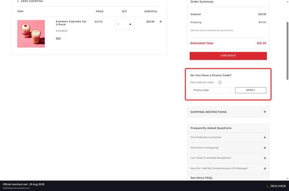 Wicked Good Cupcakes checkout page showing the Promo Code field and Apply button