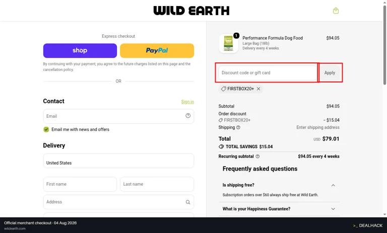 Wild Earth checkout page showing the Discount code or gift card field and Apply button