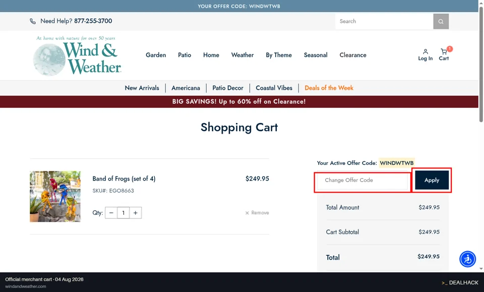 Wind & Weather checkout page showing the Change Offer Code field and Apply button