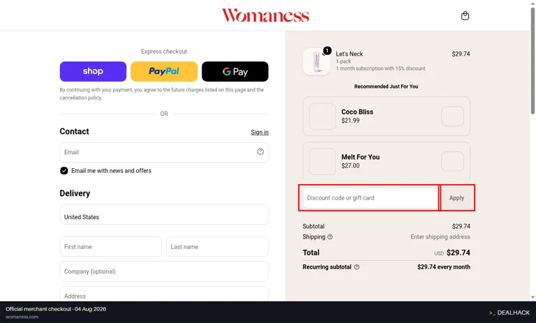 Womaness checkout page showing the Discount code or gift card field and Apply button