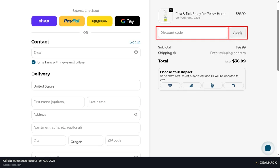 Wondercide checkout page showing the Discount code field and Apply button