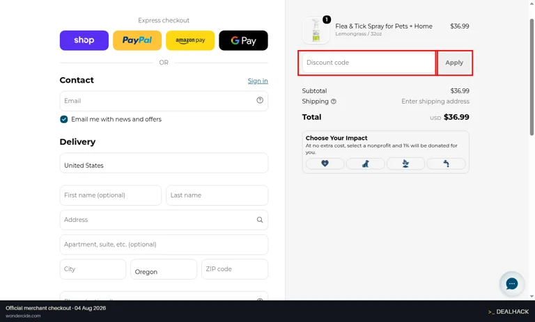 Wondercide checkout page showing the Discount code field and Apply button