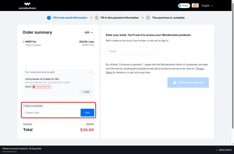 Wondershare checkout page showing the Coupon Code field and Apply button
