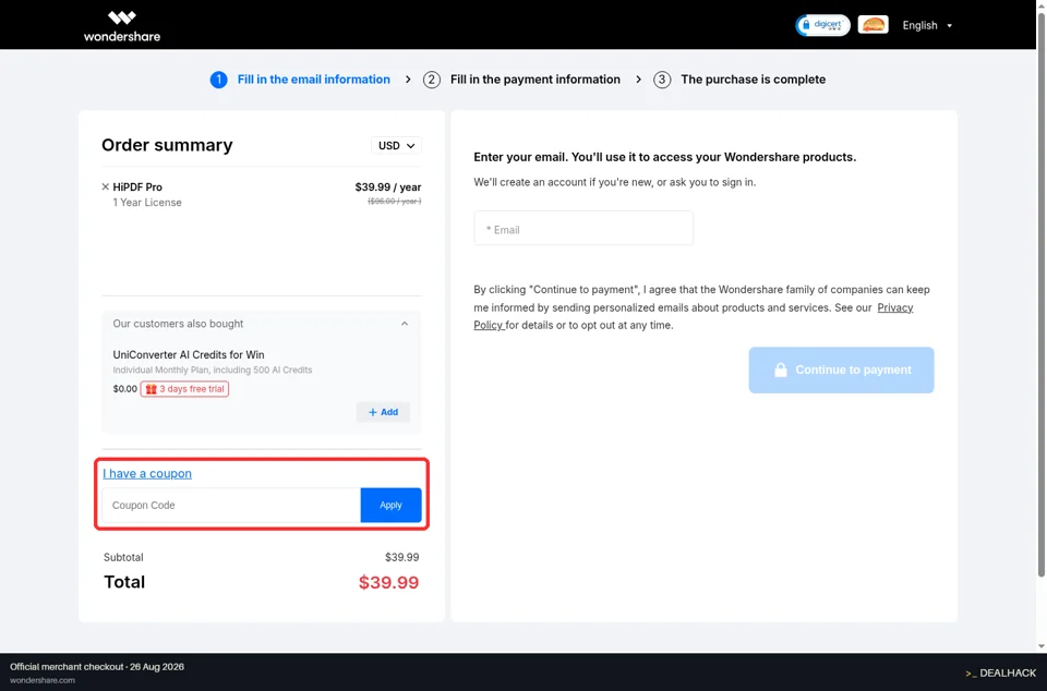 Wondershare checkout page showing the Coupon Code field and Apply button