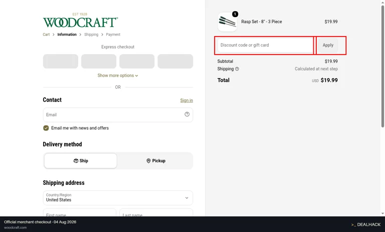 Woodcraft checkout page showing the Discount code or gift card field and Apply button
