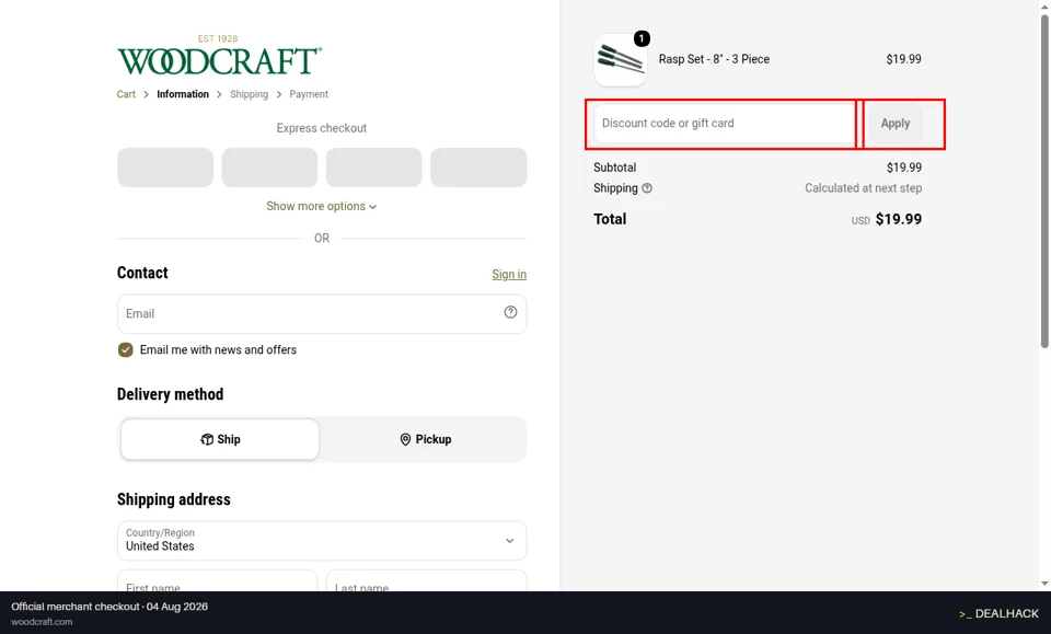 Woodcraft checkout page showing the Discount code or gift card field and Apply button