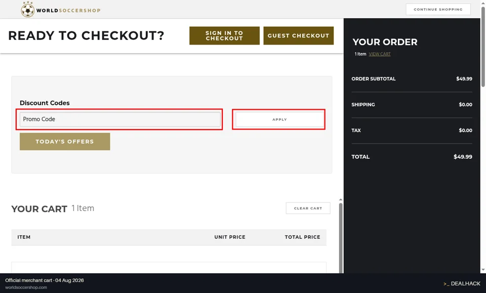 World Soccer Shop checkout page showing the Promo Code field and APPLY button