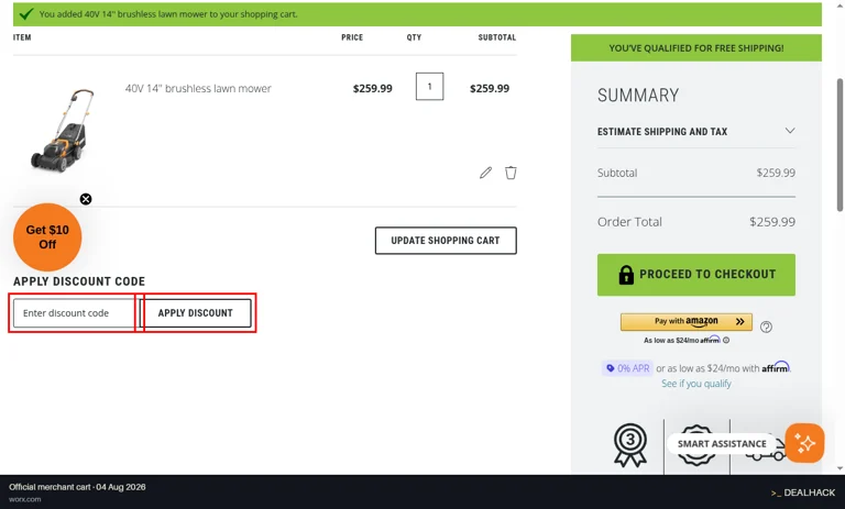 Worx checkout page showing the Enter discount code field and Apply Discount button