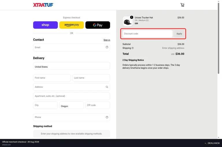XTRATUF checkout page showing the Discount code field and Apply button