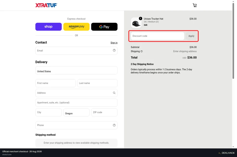 XTRATUF checkout page showing the Discount code field and Apply button