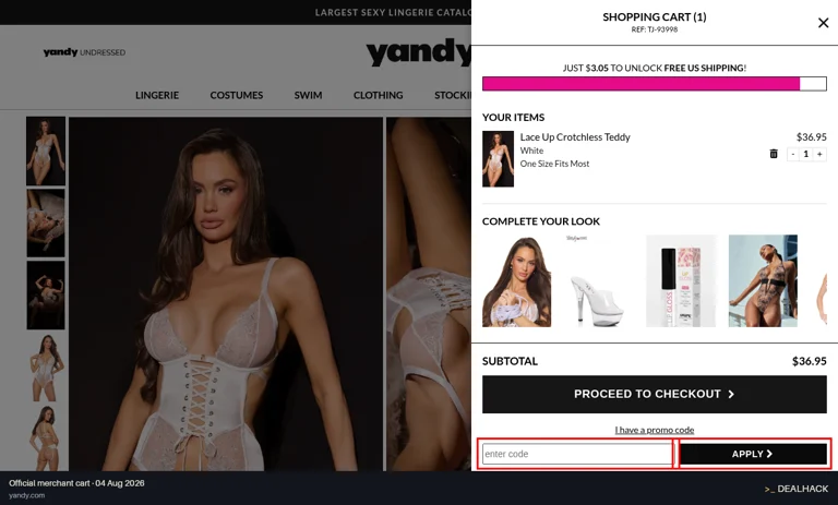 Yandy checkout page showing the enter code field and Apply button
