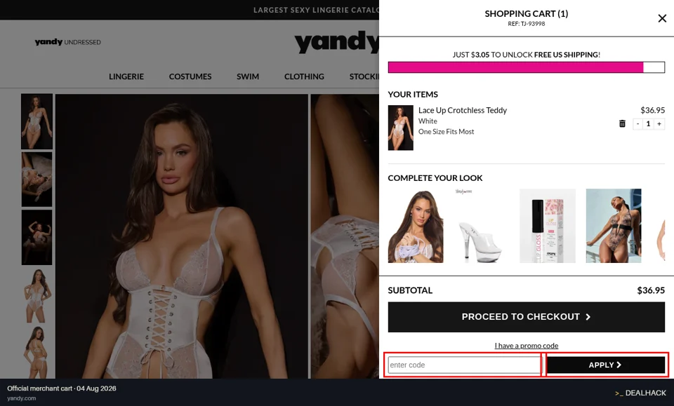 Yandy checkout page showing the enter code field and Apply button