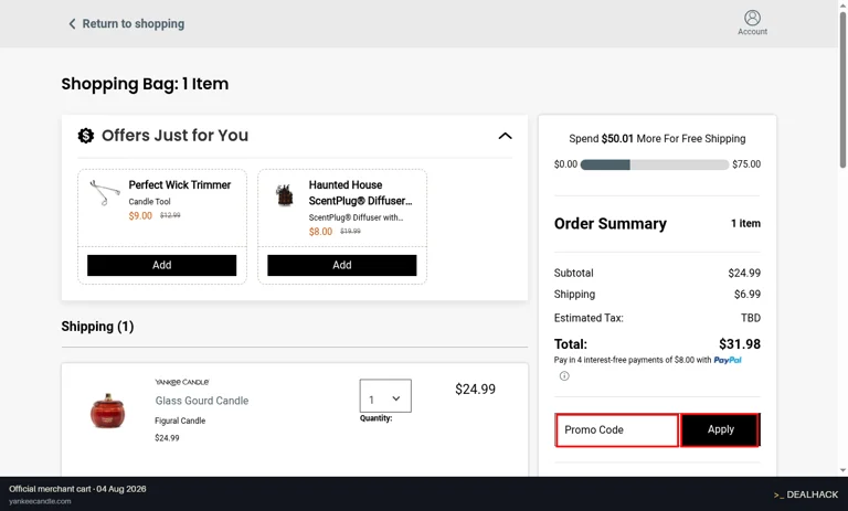Yankee Candle checkout page showing the Promo Code field and Apply button