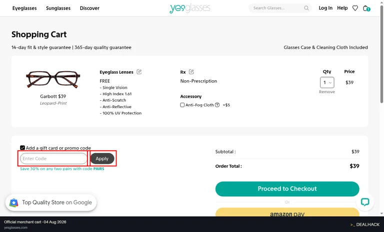 Yesglasses checkout page showing the Enter Code field and Apply button