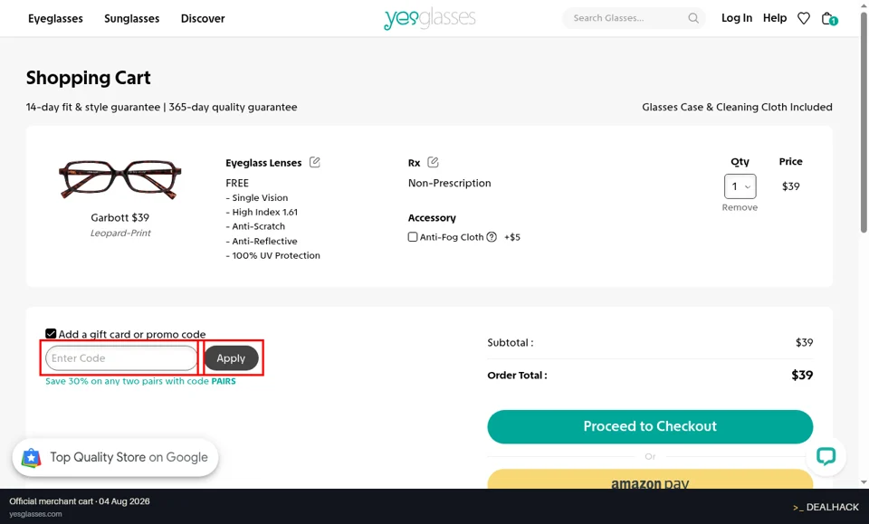 Yesglasses checkout page showing the Enter Code field and Apply button