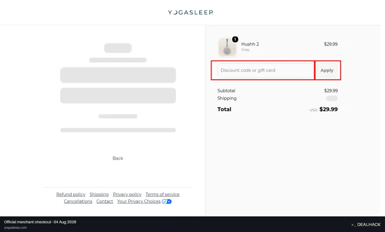Yogasleep checkout page showing the Discount code or gift card field and Apply button